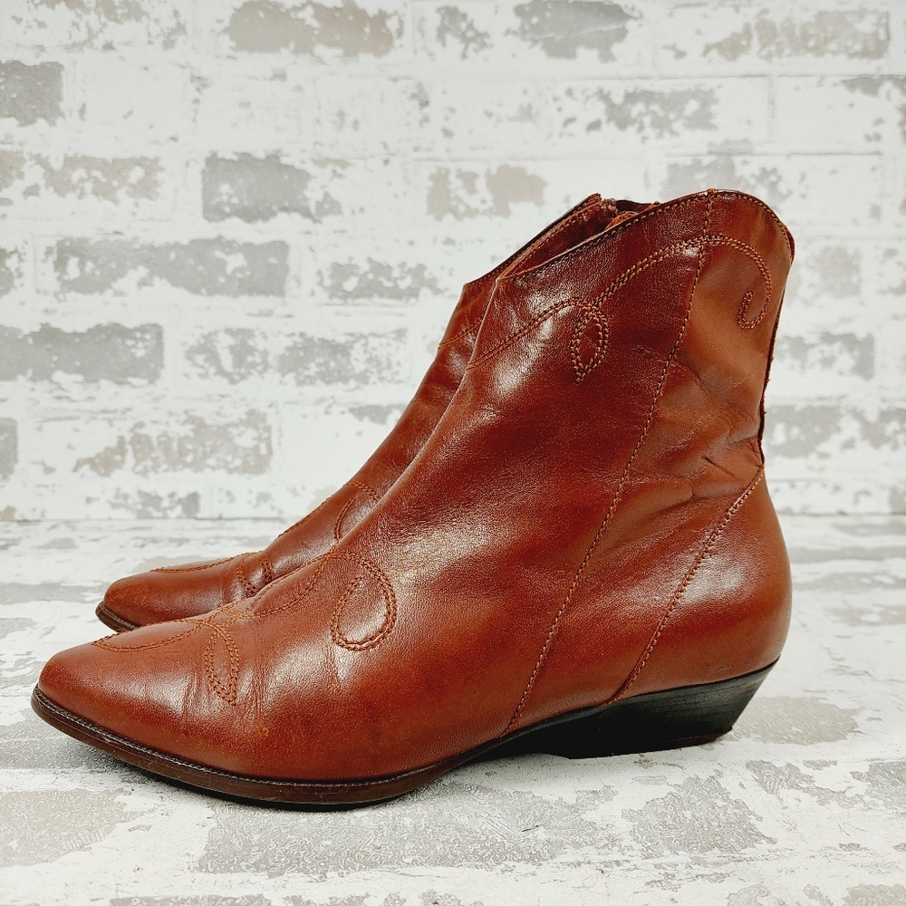 Vintage West Brown Leather Pointed Toe Narrow Ankle Booties E879